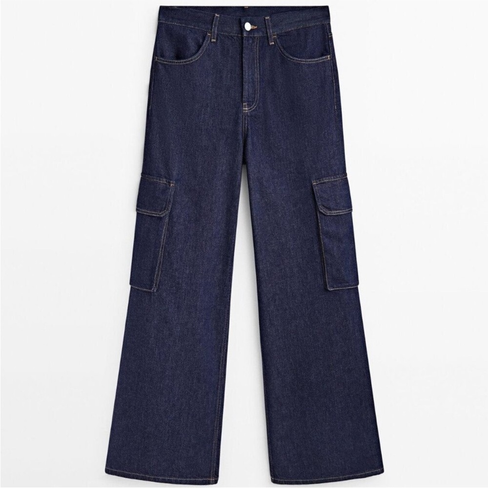 Massimo Dutti Palazzo Cargo Denim Jean Wide Leg High Rise Full Length Size 6